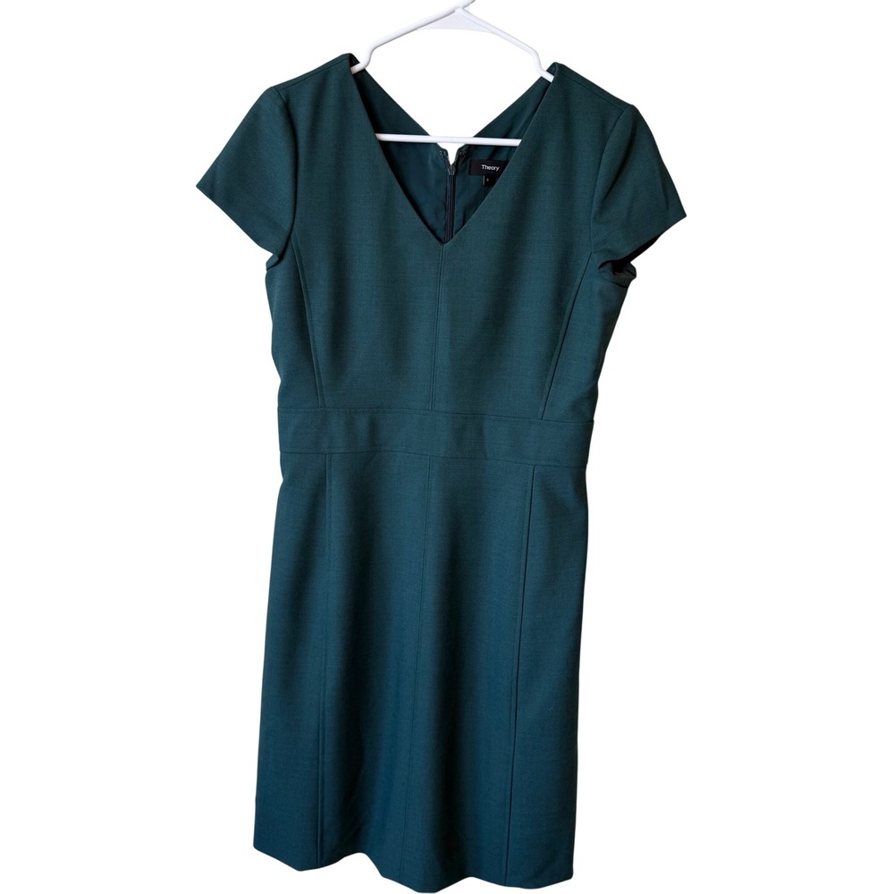 Theory Tilean Classic Wool Blend V-Neck Sheath Dress Teal Green 6 Career